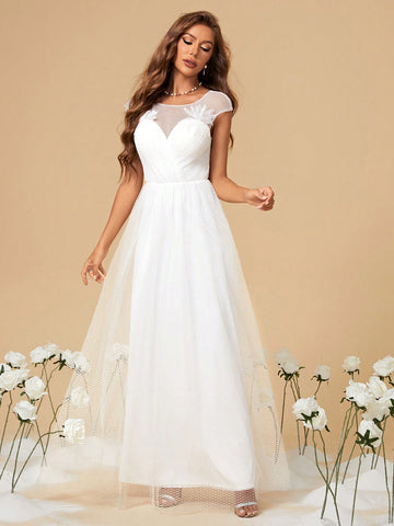 Sweetheart Neckline Shoulder Flower Applique Pleated Dot Mesh A-line Wedding Dress