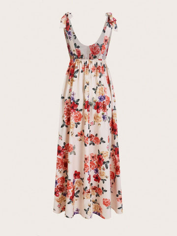 V-Neck All-Over Floral Print Pleated Casual Dress, Resort Wear