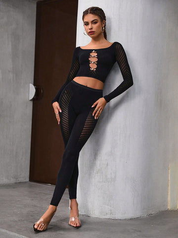 Women'S Mesh Spliced Long Sleeve Cropped Top And Pants Set