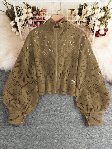 Unity Women Casual Hollow Out Zipper Long Sleeve Shirt For Autumn