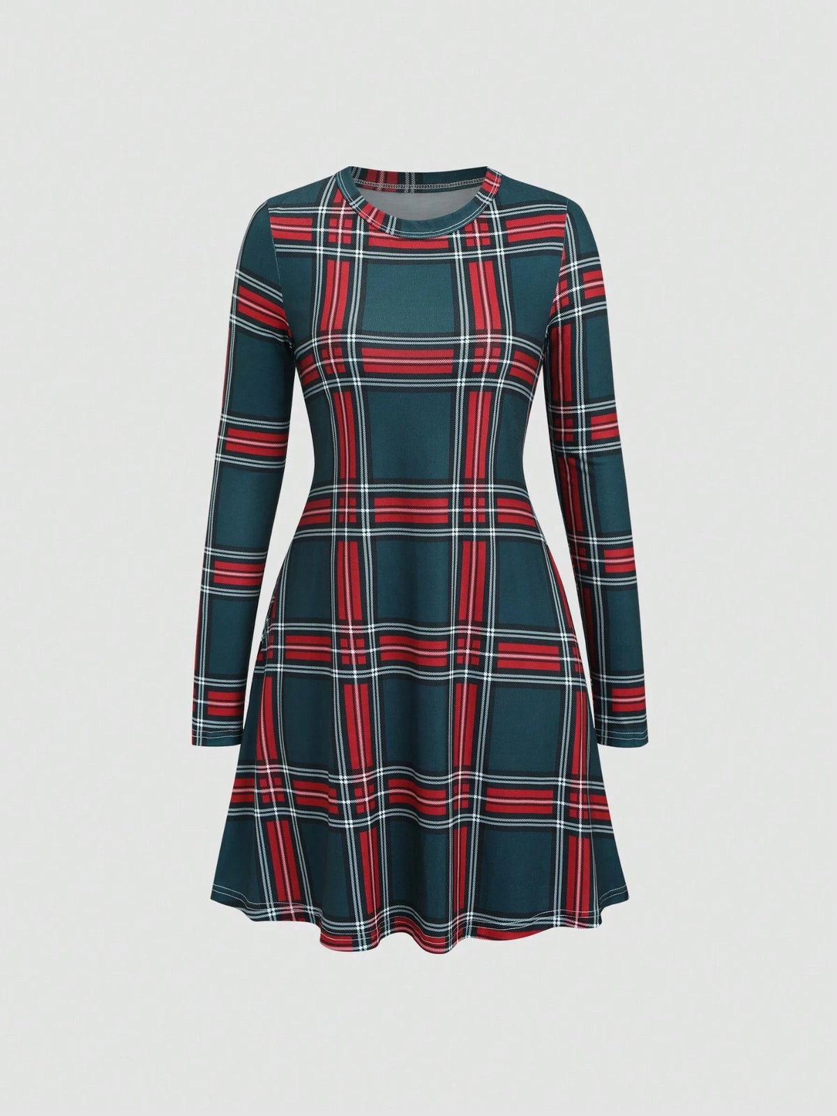 Women Casual Round Neck Long Sleeve Plaid Midi Dress, Elegant For Autumn