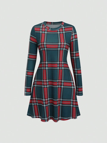 Women Casual Round Neck Long Sleeve Plaid Midi Dress, Elegant For Autumn