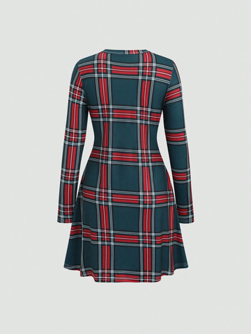 Women Casual Round Neck Long Sleeve Plaid Midi Dress, Elegant For Autumn