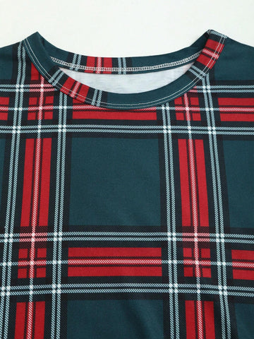 Women Casual Round Neck Long Sleeve Plaid Midi Dress, Elegant For Autumn