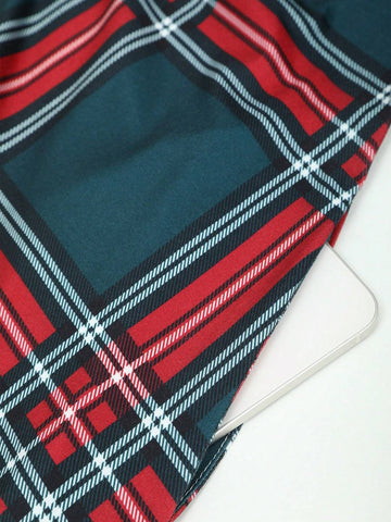 Women Casual Round Neck Long Sleeve Plaid Midi Dress, Elegant For Autumn