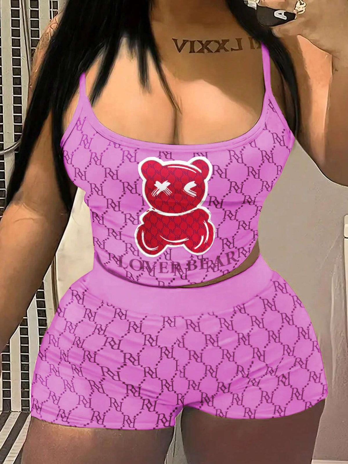 Women Fashionable Two-Piece Set Including Sleeveless Top And Shorts With Cute Bear Print