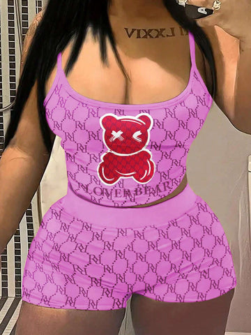Women Fashionable Two-Piece Set Including Sleeveless Top And Shorts With Cute Bear Print