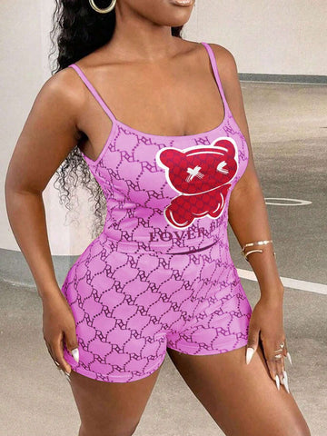 Women Fashionable Two-Piece Set Including Sleeveless Top And Shorts With Cute Bear Print