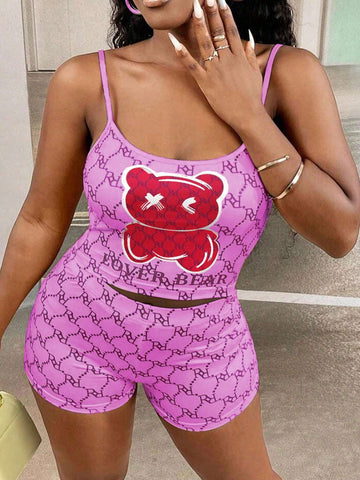 Women Fashionable Two-Piece Set Including Sleeveless Top And Shorts With Cute Bear Print