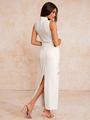 Women Floral Print Turtleneck Sleeveless Slim Fit Long Dress