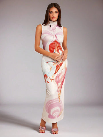 Women Floral Print Turtleneck Sleeveless Slim Fit Long Dress