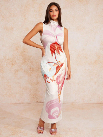 Women Floral Print Turtleneck Sleeveless Slim Fit Long Dress