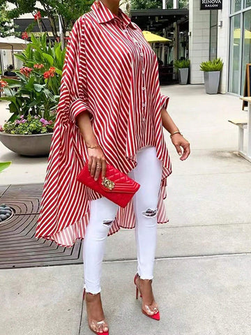 Unity Women Irregular Hemline Striped Versatile Shirt