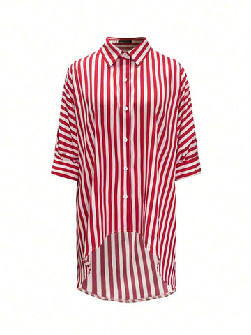 Unity Women Irregular Hemline Striped Versatile Shirt