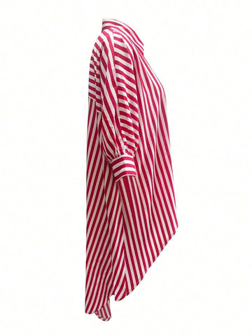 Unity Women Irregular Hemline Striped Versatile Shirt