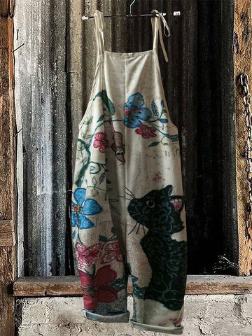 Women Loose Cute Cat Print 3D Pattern Stylish And Comfortable Jumpsuit