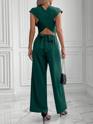 Women Solid Color Multi-Way Wrap Tie Jumpsuit