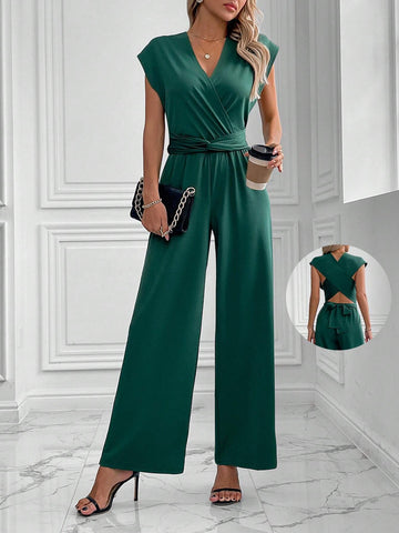 Women Solid Color Multi-Way Wrap Tie Jumpsuit