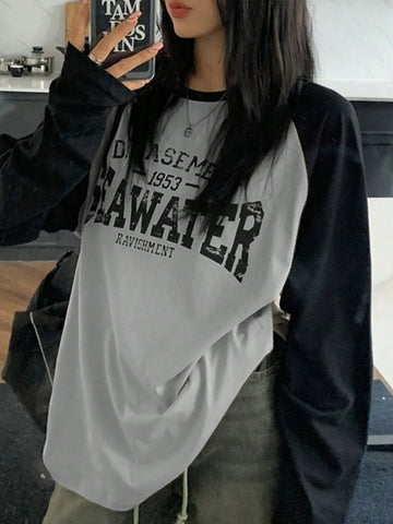 Unity Women Spring/Summer Loose Casual T-Shirt, Long Sleeves, Contrast Shoulder, Letter Print