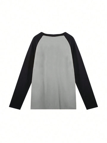 Unity Women Spring/Summer Loose Casual T-Shirt, Long Sleeves, Contrast Shoulder, Letter Print