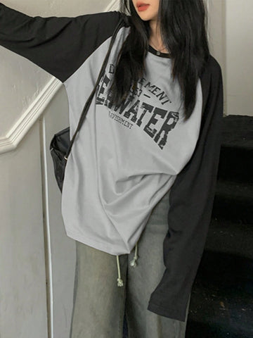 Unity Women Spring/Summer Loose Casual T-Shirt, Long Sleeves, Contrast Shoulder, Letter Print