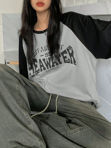 Unity Women Spring/Summer Loose Casual T-Shirt, Long Sleeves, Contrast Shoulder, Letter Print