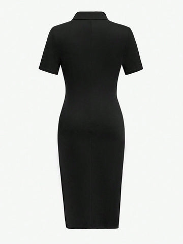 Women's Angel Embroidery Polo Collar Long Sleeve Casual Dress, Collegiate Style