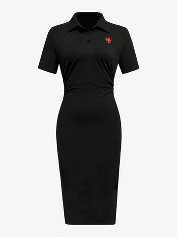 Women's Angel Embroidery Polo Collar Long Sleeve Casual Dress, Collegiate Style