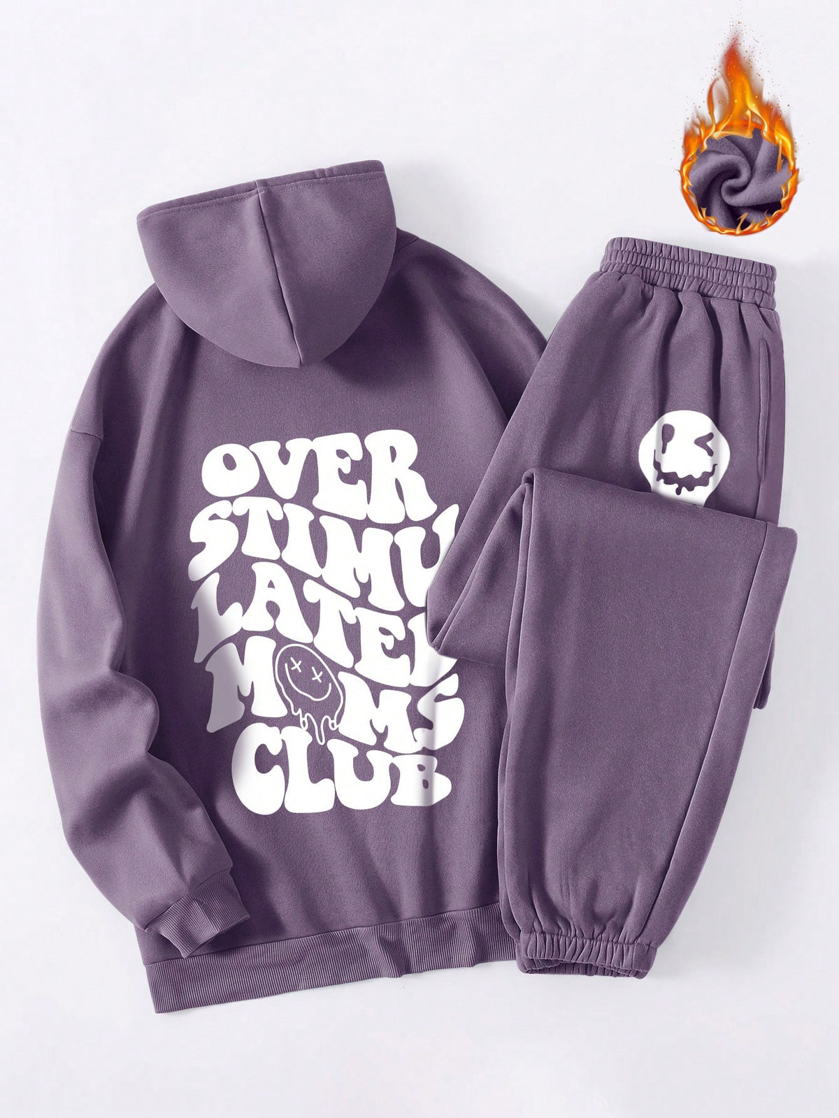 Women's Cartoon And Slogan Print Fleece Hoodie And Pants Set