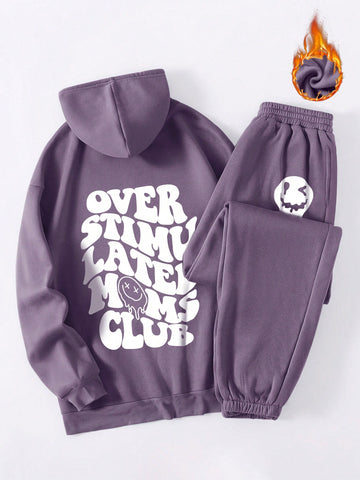 Women's Cartoon And Slogan Print Fleece Hoodie And Pants Set