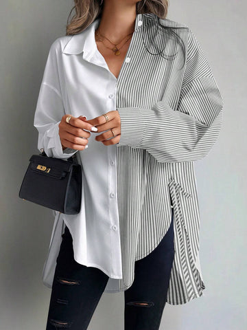 Unity Women's Casual Stripe Patchwork Asymmetrical Hem Blouse, Autumn