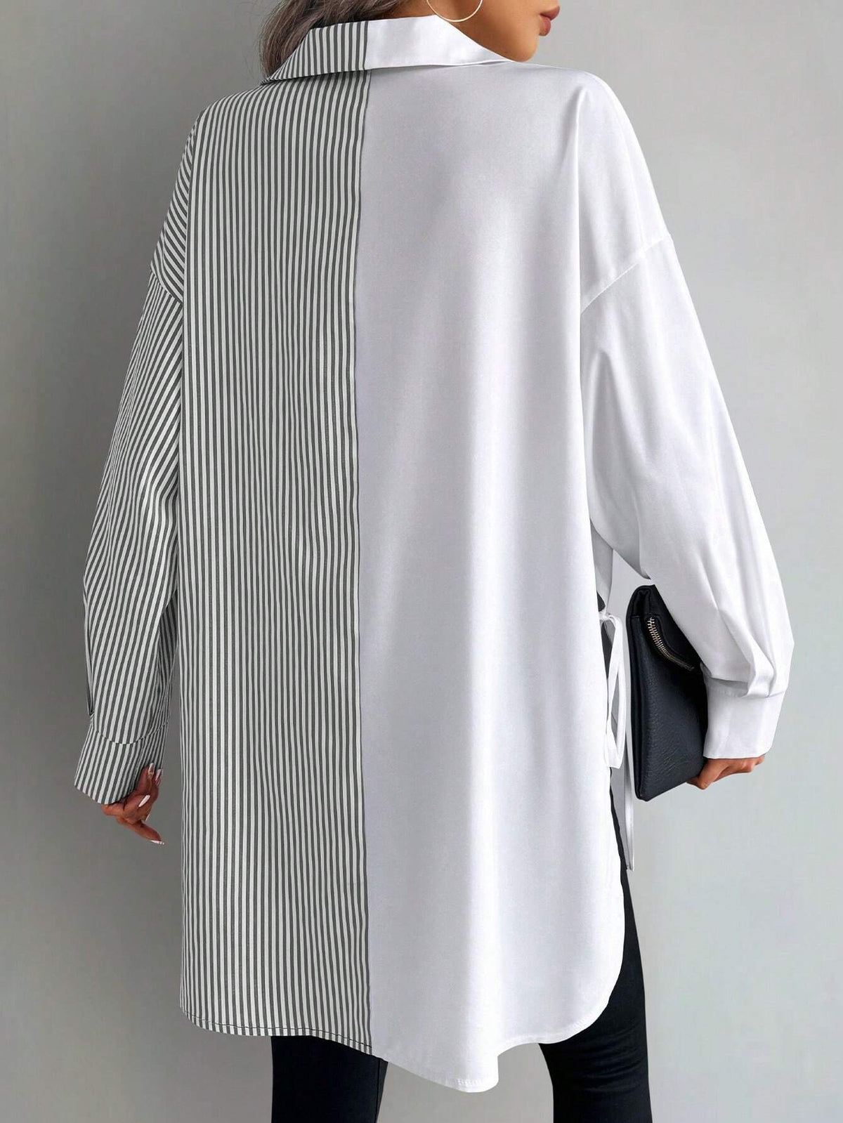 Unity Women's Casual Stripe Patchwork Asymmetrical Hem Blouse, Autumn