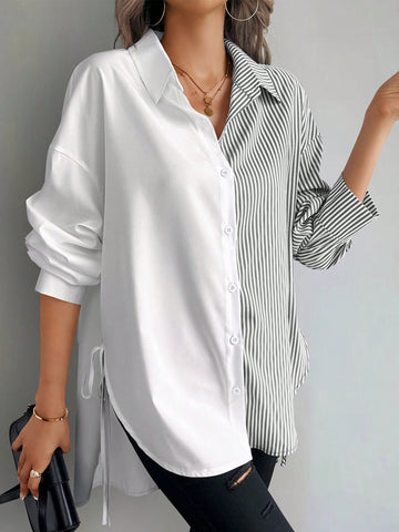 Unity Women's Casual Stripe Patchwork Asymmetrical Hem Blouse, Autumn