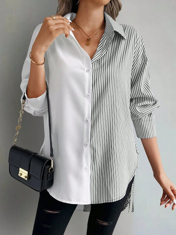 Unity Women's Casual Stripe Patchwork Asymmetrical Hem Blouse, Autumn