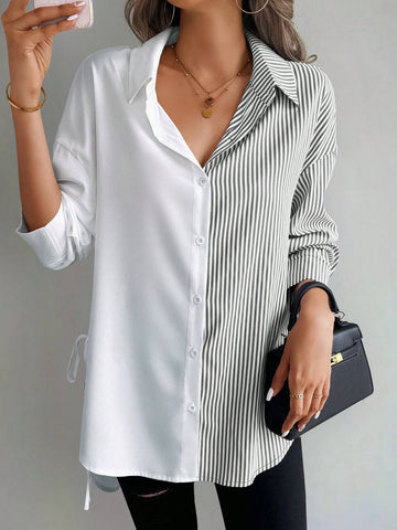 Unity Women's Casual Stripe Patchwork Asymmetrical Hem Blouse, Autumn