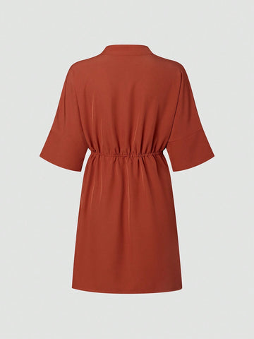 Women's Drawstring Waist Notched V-Neckline Faux Pocket Maxi Dress