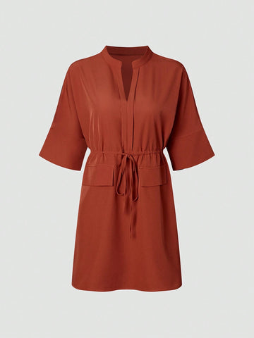 Women's Drawstring Waist Notched V-Neckline Faux Pocket Maxi Dress