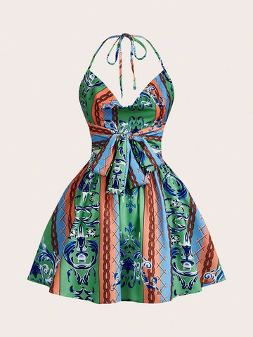 Women's Fashion Digital Print Halter Backless Sleeveless Dress