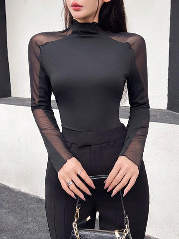 Women's Fashion Mesh Panel Solid Color Mock Neck Long Sleeve Slim Fit Base Layer T-Shirt,
