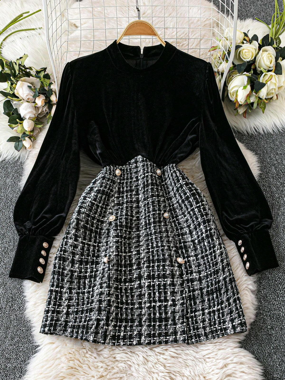 Women's Long Sleeve Button Plaid Hem Design Elegant & Tweed Patchwork Dress
