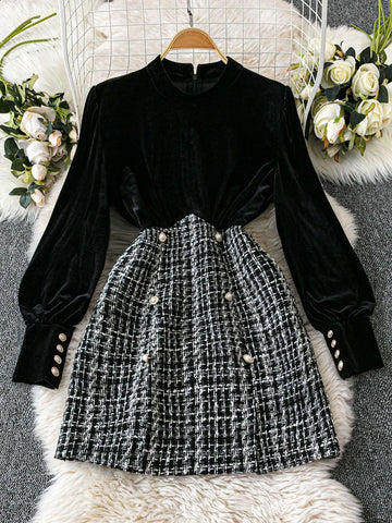 Women's Long Sleeve Button Plaid Hem Design Elegant & Tweed Patchwork Dress