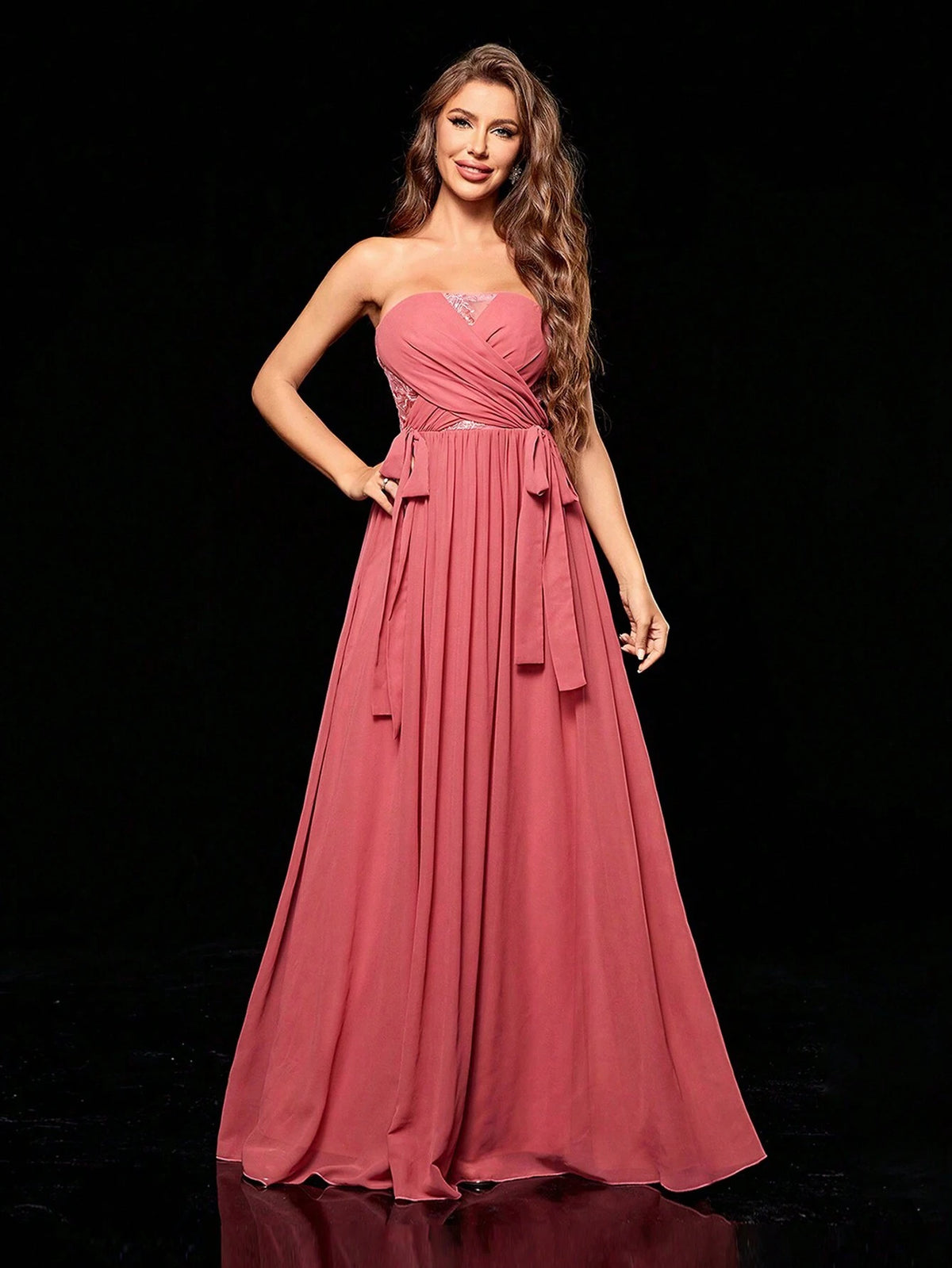 Women's Pink Strapless Embroidered Hollow Out Spliced Chiffon A-line Maxi Dress