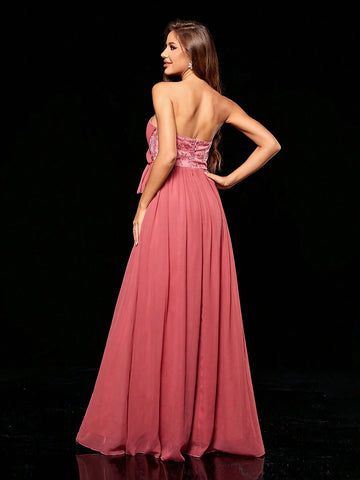 Women's Pink Strapless Embroidered Hollow Out Spliced Chiffon A-line Maxi Dress