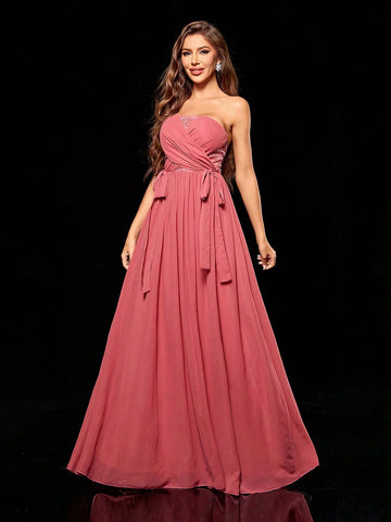 Women's Pink Strapless Embroidered Hollow Out Spliced Chiffon A-line Maxi Dress