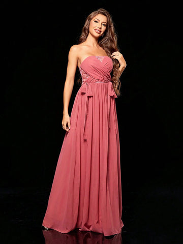 Women's Pink Strapless Embroidered Hollow Out Spliced Chiffon A-line Maxi Dress