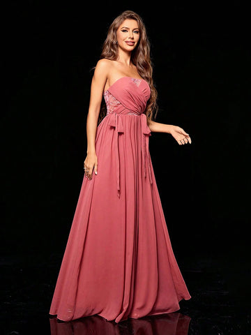 Women's Pink Strapless Embroidered Hollow Out Spliced Chiffon A-line Maxi Dress