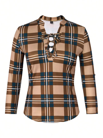 Unity Women's Plaid Notch Neck Criss Cross Tie Short Sleeve T-Shirt With Rolled Cuffs For Spring