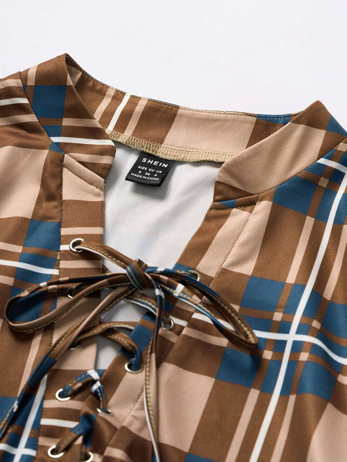 Unity Women's Plaid Notch Neck Criss Cross Tie Short Sleeve T-Shirt With Rolled Cuffs For Spring