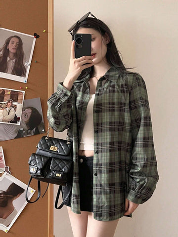 Unity Women's Plaid Print Button Down Casual Shirt, Long Sleeve For Commuting In Autumn