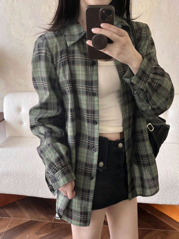 Unity Women's Plaid Print Button Down Casual Shirt, Long Sleeve For Commuting In Autumn